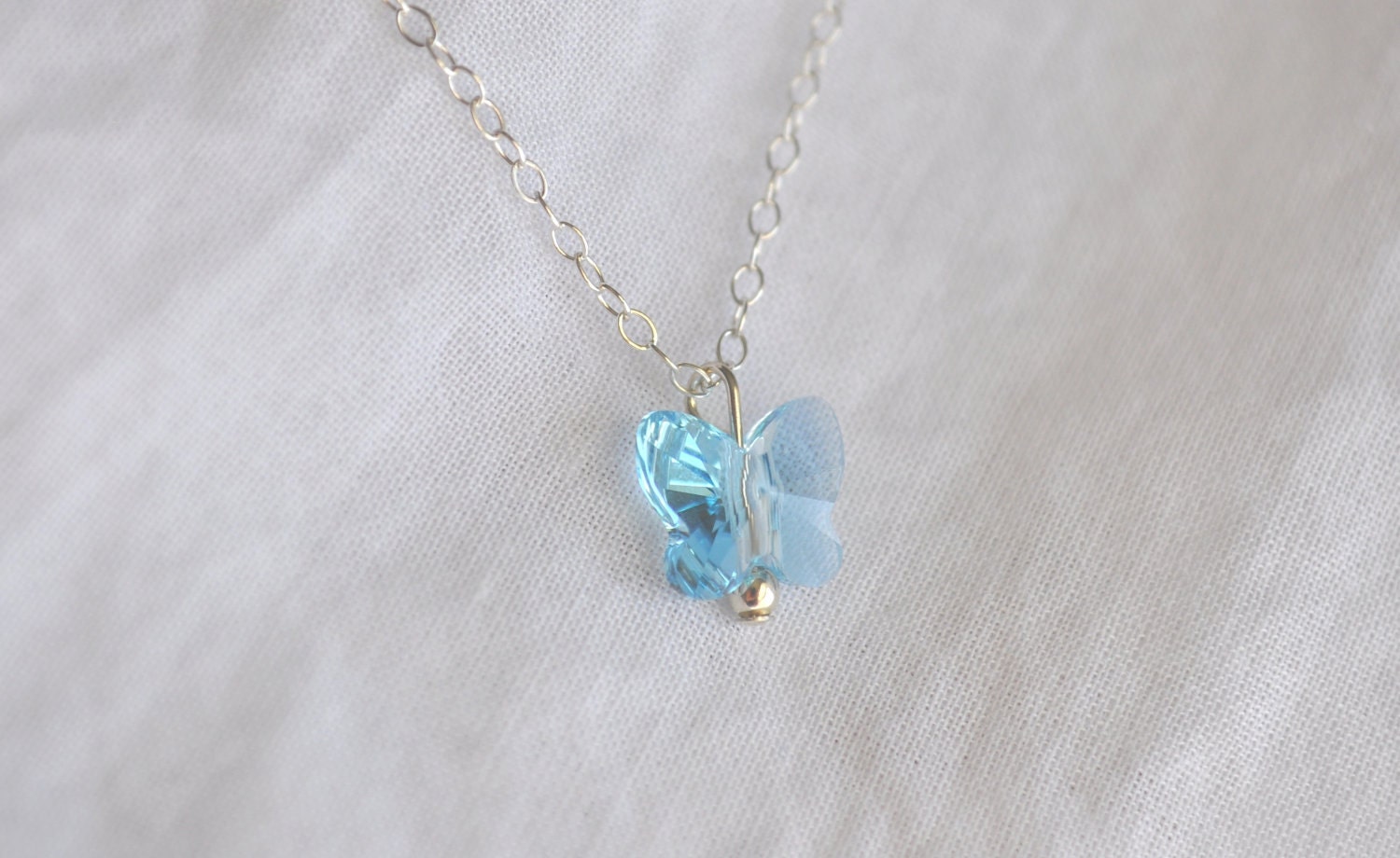 Sale - Tiny Butterfly Necklace - Aquamarine Blue Swarovski Crystal & Sterling Silver