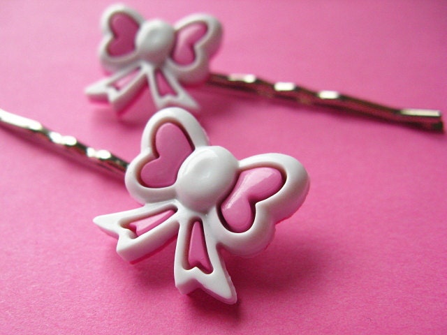 Pink Bow Bobby Pins - Pink & White - Sweet Lolita