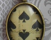 Vintage ephemera shabby chic spades pendant NECKLACE in ANTIQUE BRASS