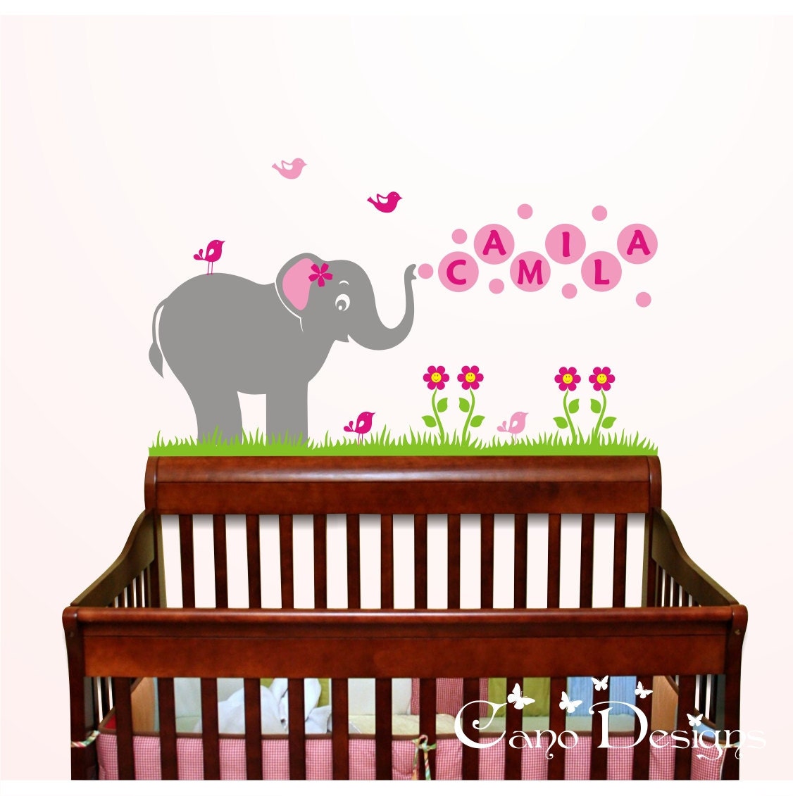 Cute Elephant and Birds with Custom Name Vinyl Wall Decal, Playroom, nursery, kids room, removable decals stickers