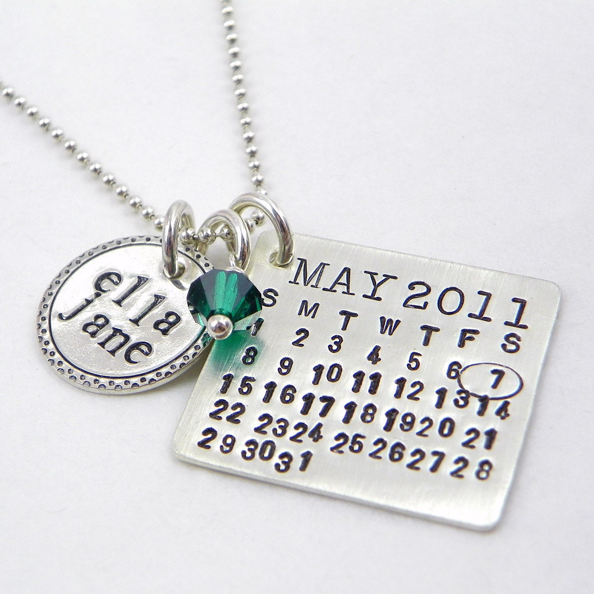 Personalized Calendar Necklace -- hand stamped Mark Your Calendar sterling silver necklace with Fancy Bordered Name Charm and Crystal