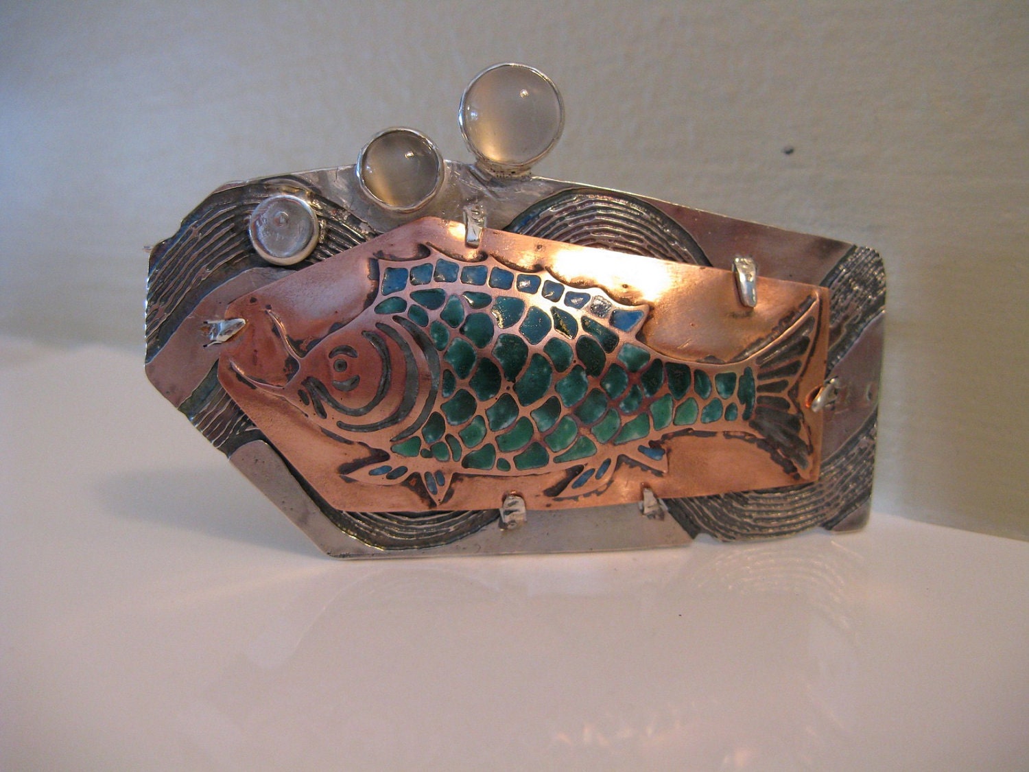 Silver and copper enameled fish pin