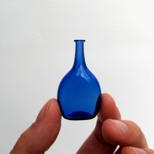 Miniature Flat Bottle in Blue, Hand Blown Glass