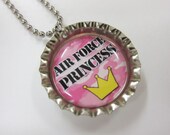 Bottlecap Necklace - Air Force Princess - Pink Camouflage With Crown