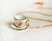 Pink Floral Teacup Necklace