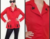 FLAIR 60s Vintage Red Polyester Jacket w/ Black Roses sz 14 L