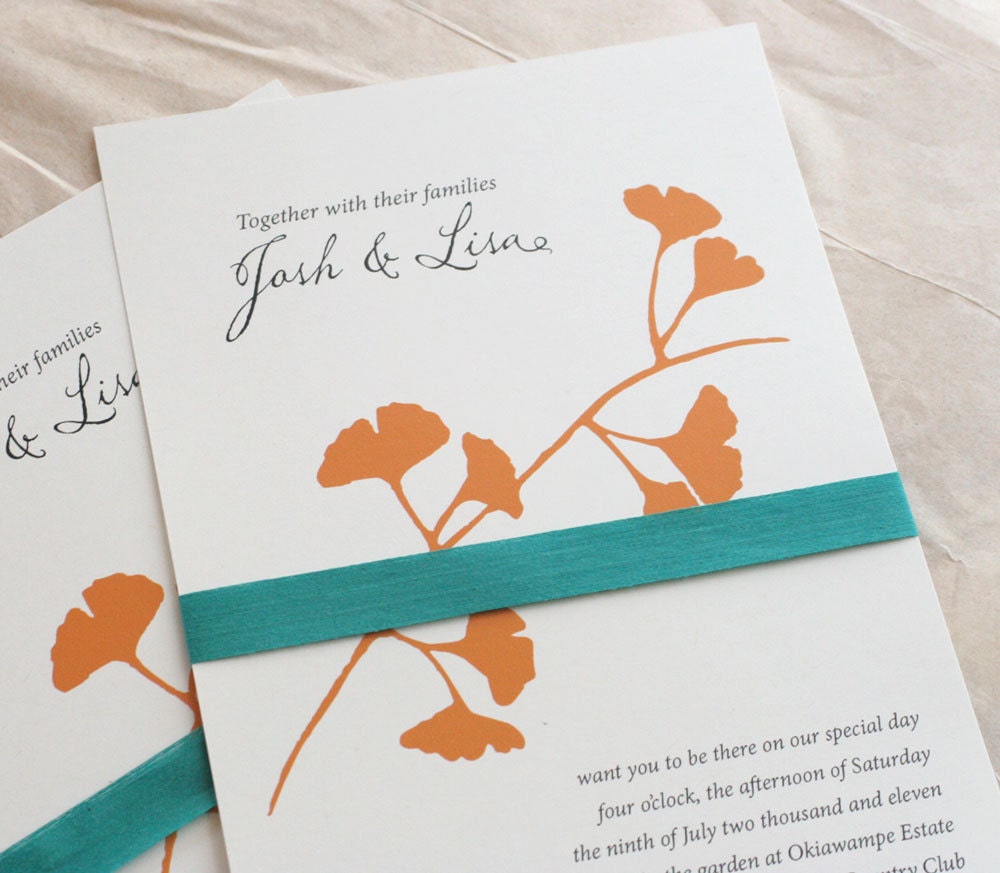 Ginkgo Wedding Invitation tangerine orange and teal Screen printed