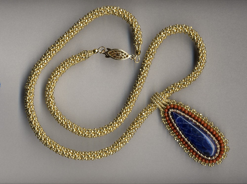 Sodalite Cabochon Beadwork Pendant with Gold Russian Spiral Weave Necklace