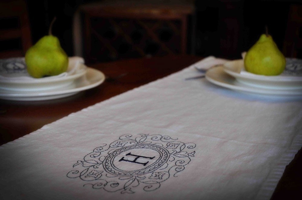 Linen Table Runner Personalized With Your Initial Perfect Wedding Gift in WHITE