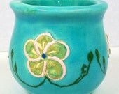 Turquoise Ceramic Votive Holder with Flower