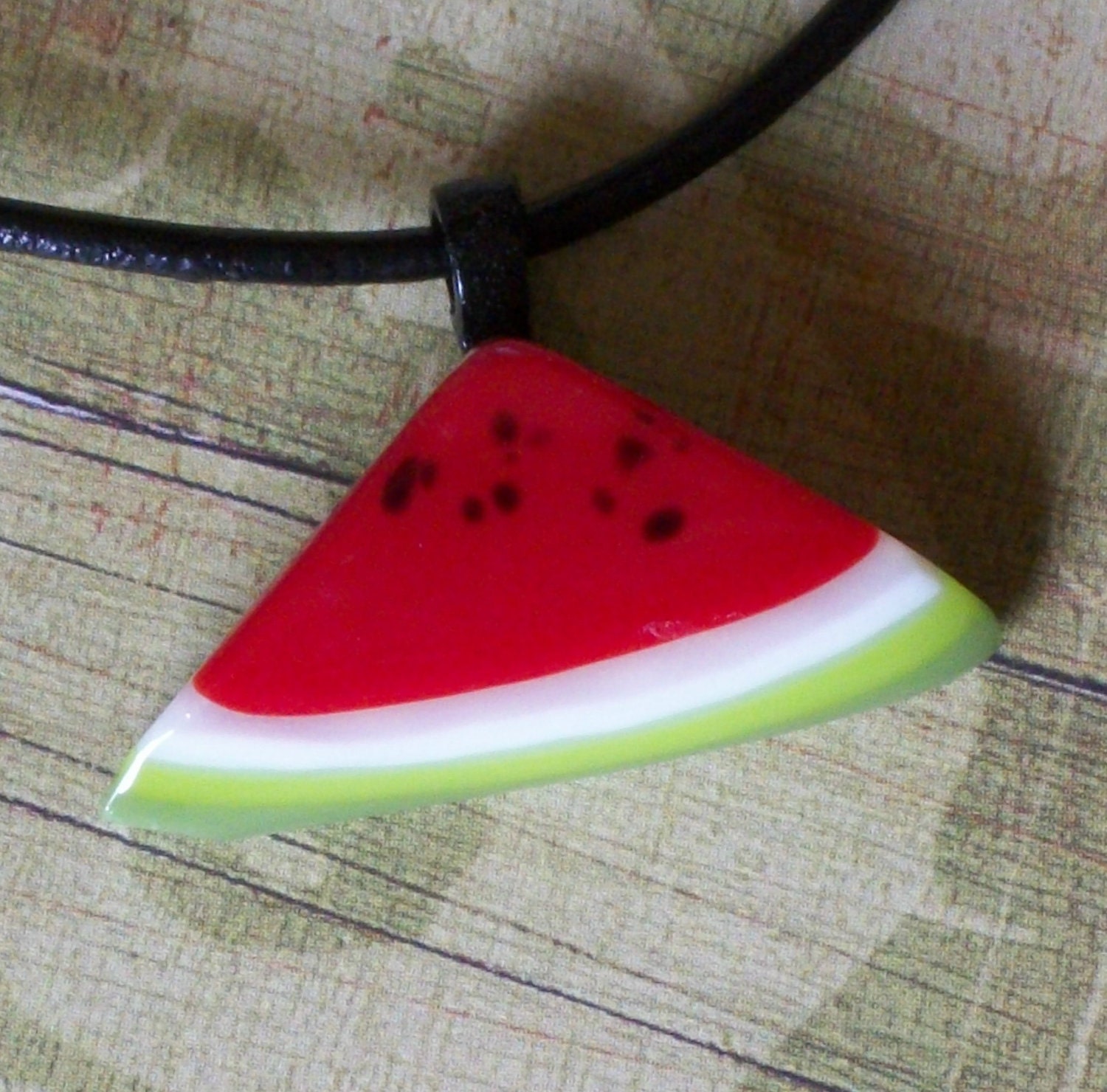 fused glass slice of  watermelon with seeds pendant necklace - papernclay