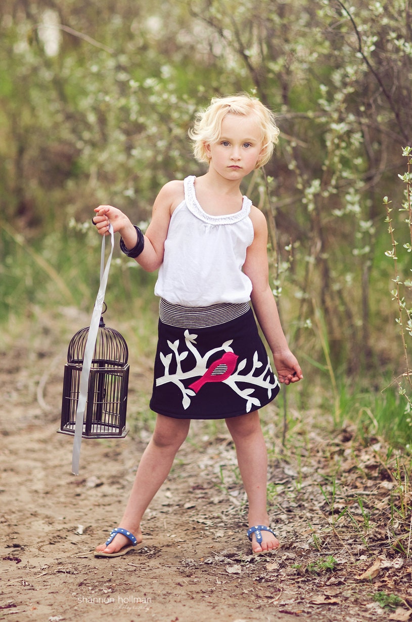 Girl's Organic Bird and Branch Yoga Waist Skirt..  Black with Stripe and Pink Detail Sizes 12/18M through 10
