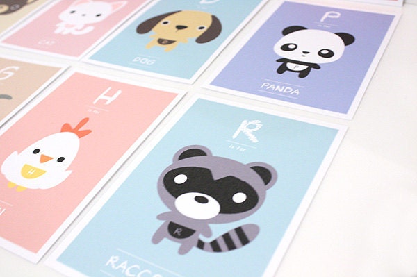 Children Decor Alphabet Nursery Art Print, Kids Wall Art, Animal ABC Flash Cards, Children Wall cards - Set of 26 (5"x7") ,