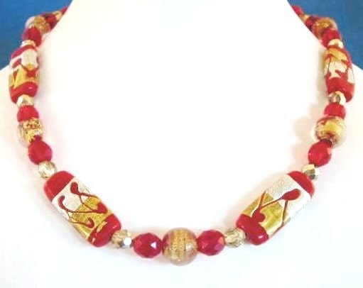 Red and gold foil glass bead necklace