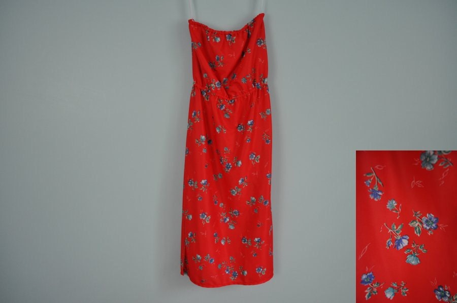 vintage sun dress 70s red floral print XS