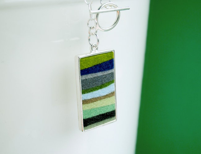 Sterling Silver and Hand Pieced Felt Rectangle Pendant Necklace