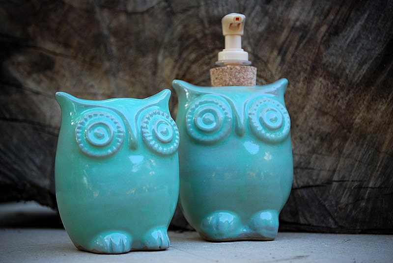 ceramic owl soap dispenser and tooth brush caddy in mint - MADE TO ORDER