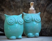 ceramic owl soap dispenser and tooth brush caddy in mint - MADE TO ORDER