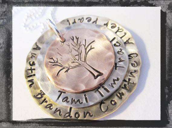 Hammered and Textured Stacked Mixed Metal Pendant Family Tree Necklace