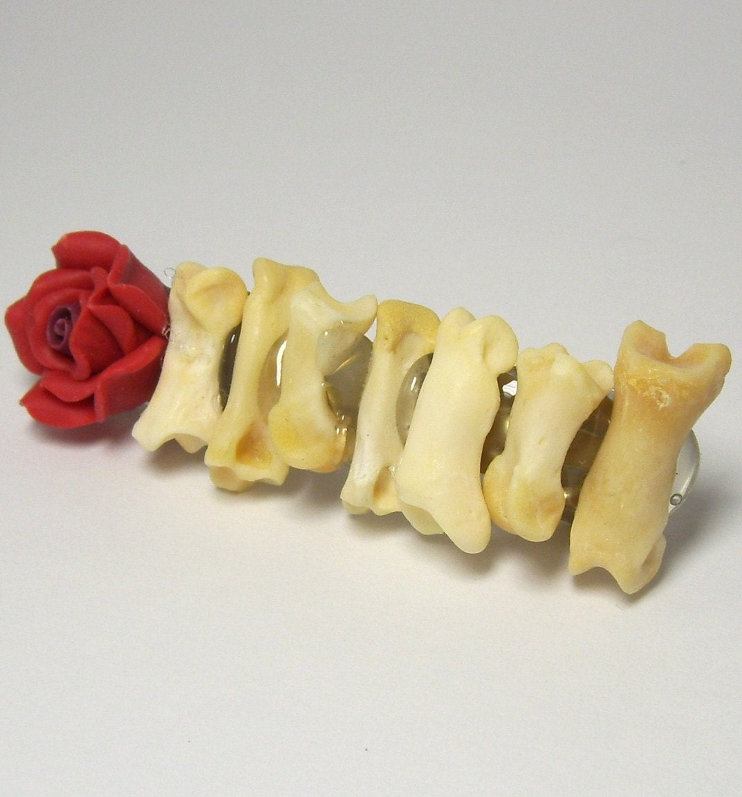 Adorably Macabre Real BOBCAT TOE BONE Fimo Clay Black Rose Gothic Lolita French Style Barrette Hair Clip