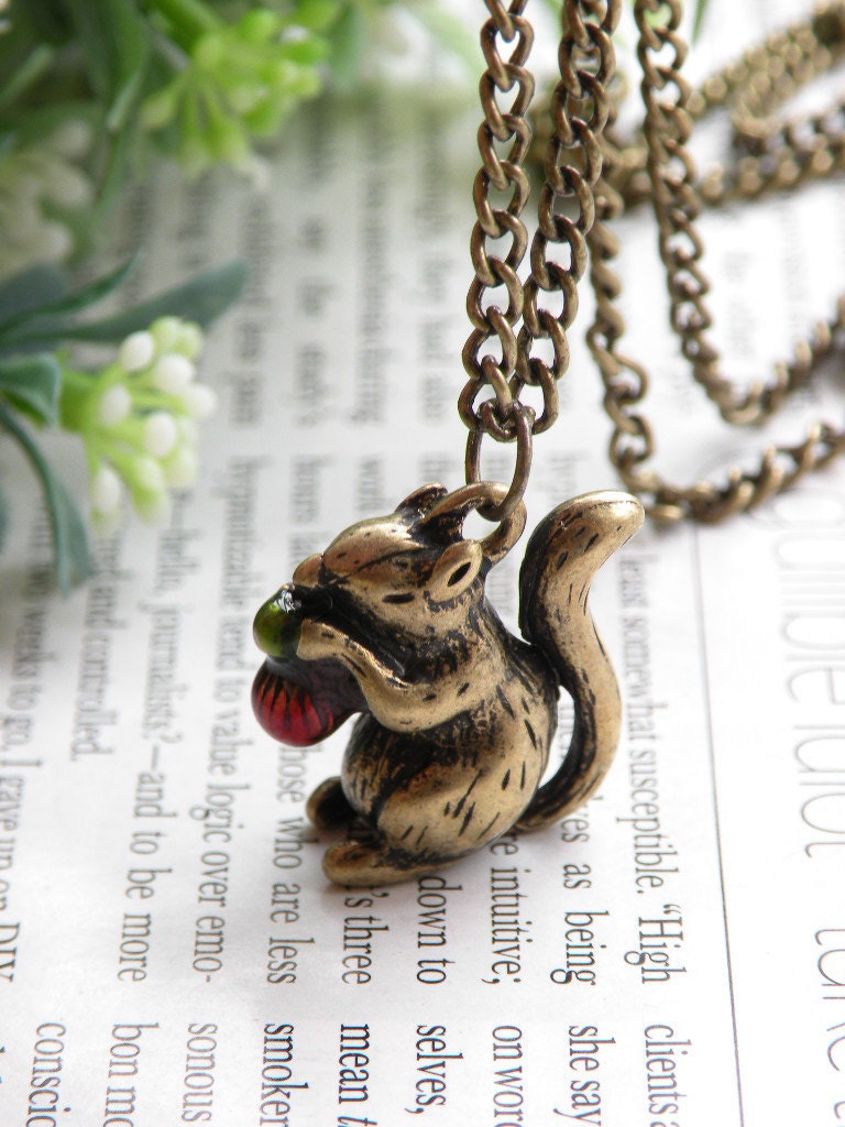 Pretty retro copper long tail squirrel eating red cedar nut pine nuts necklace pendant jewelry vintage style