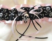 Black and White Skull-Crossbones on Pink Satin Garter-Bachelorette Party-Shower-Maids Gifts