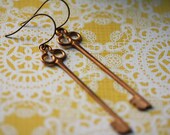 Simple Key Earrings, Large Skeleton Keys, Long Dangles, Antiqued Brass, Copper Hue