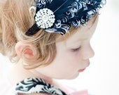 Night Sky - Navy Blue and White Curly Goose Feather Pad Headband for Girls, Headpiece for Women, Baby Girl Hair Accessories