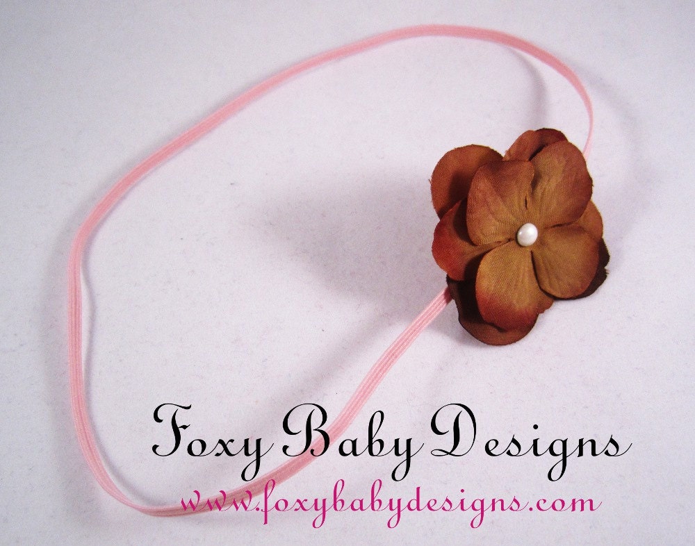 Brown Hydrangea Petals on Soft Pink Skinny Headband by Foxy Baby Designs