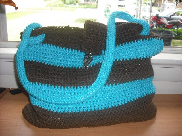 Crochet Handbag Cotton Unstructured in Mod Blue and Brown