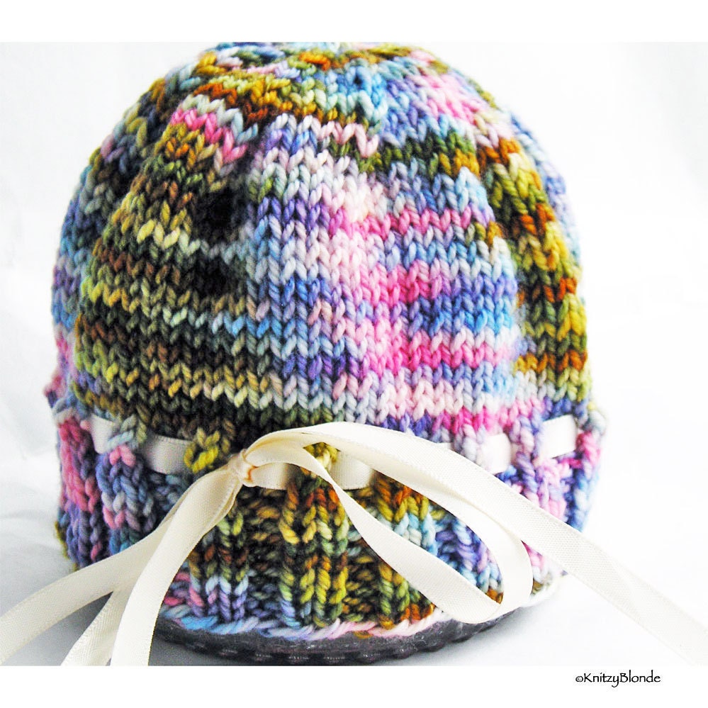 Knit Baby Hat, Photo Prop, Hand Dyed Premium Merino Wool Multi Color Satin Ribbon, Pink Blue Green Orange