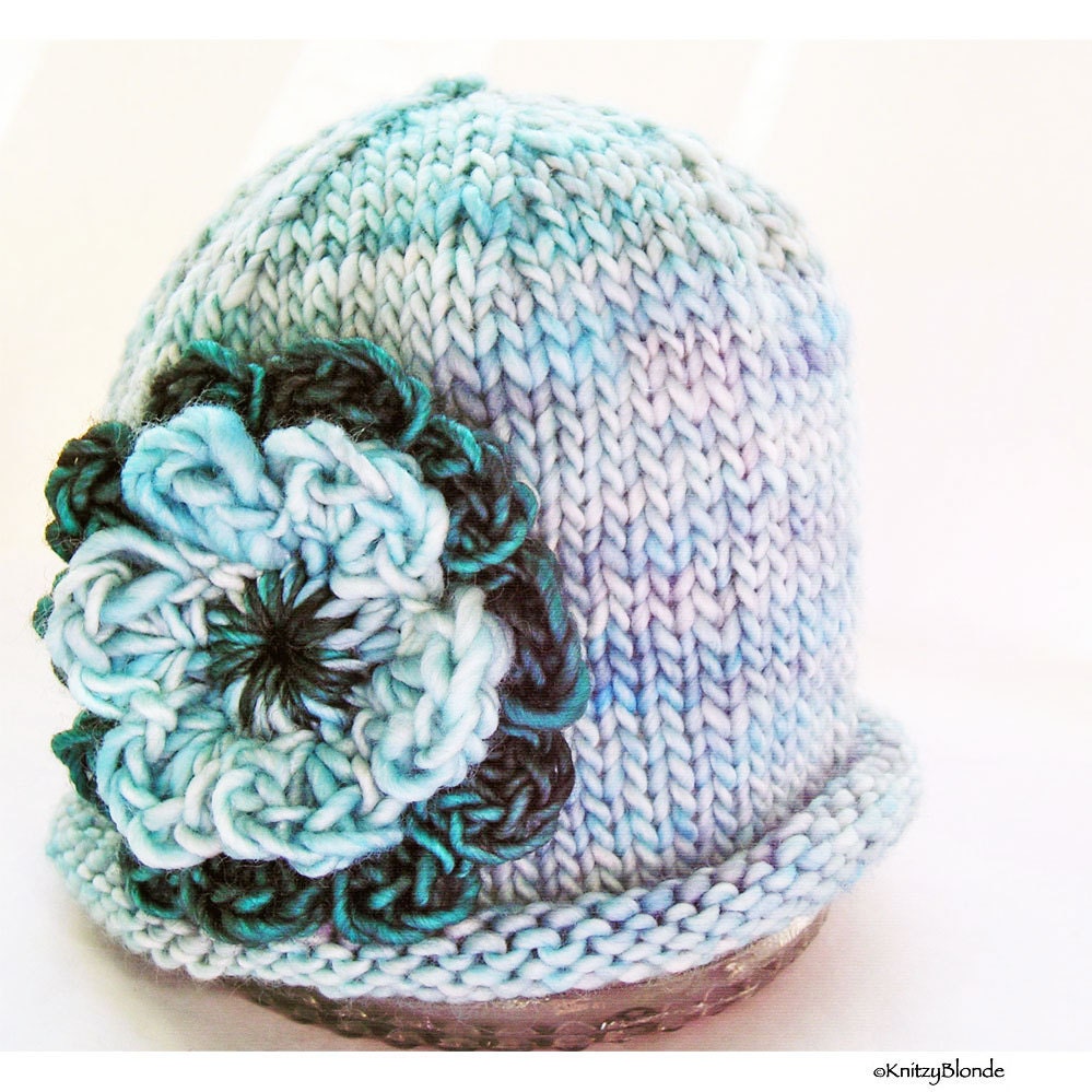Photo Prop Baby Hat, Crochet Double Flower, Hand Knit Hand Dyed Premium Merino Wool, Aqua Blue Teal
