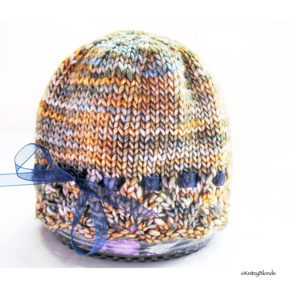 Baby Hat Lacy Lace Edged Hand Knit Hand Dyed Premium Merino Wool, Gold Beige Blue