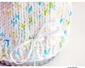 Photo Prop Baby Hat Hand Knit Cotton White Satin Ribbon Aqua Yellow Green Umbilical Knot