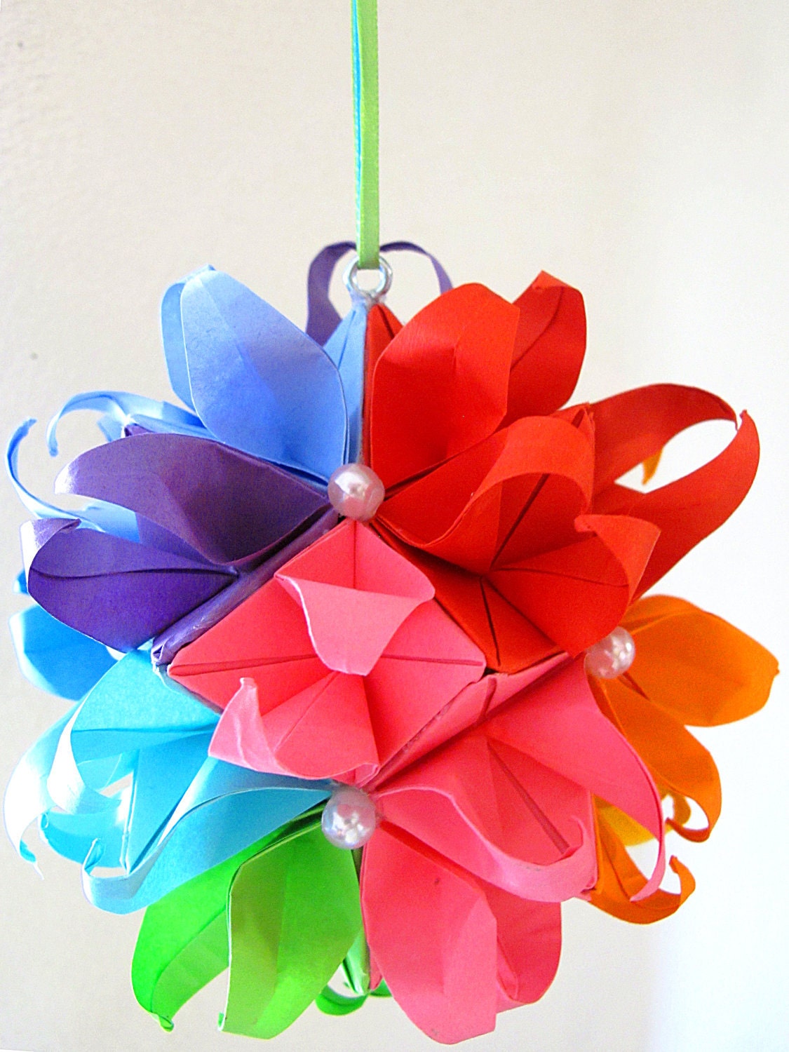 Rainbow Flower Paper Ball - Pink, Medium Orange, Light Orange, Yellow, Green, Light Aqua, Bright Blue, Light Blue, Purple