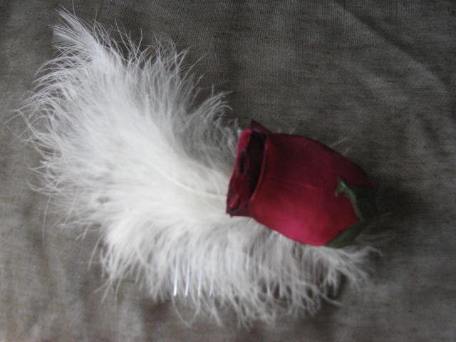 Haircomb, fascinator with a dark red rose on white feathers