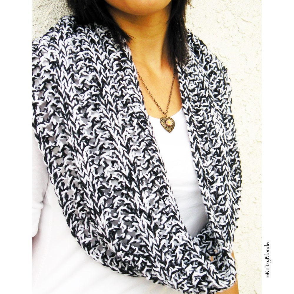 Extra Large Cowl, Hood Looped Scarf, Black White, Salt & Pepper, Hand Knit Versatile