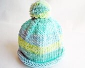 Baby Hat Pom Pom, Photo Prop, Aqua Lime Blue Turquoise, Custom Hand Knit You Choose Size