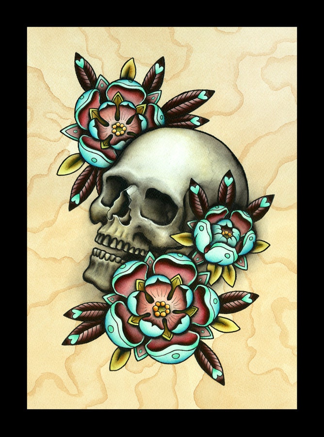 Skull & Roses Tattoo Flash - Print