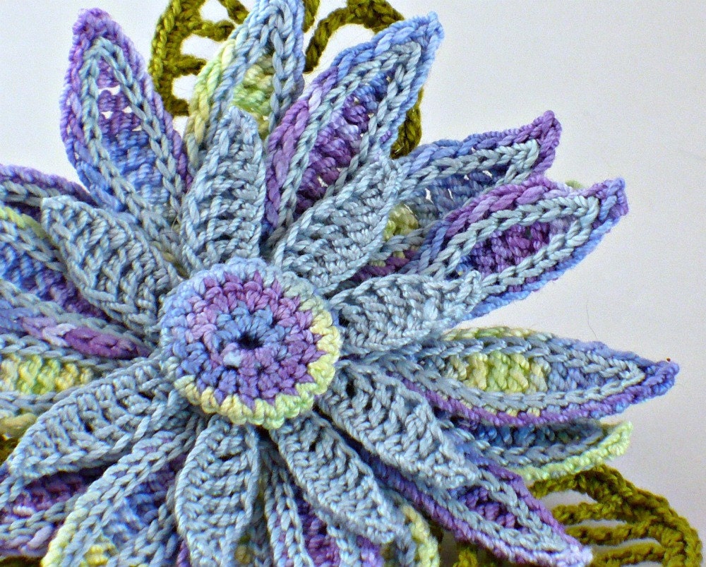 Crochet Brooch Irish Crochet Pin Daisy Blue Yellow Purple Green