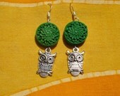 Green Chrysanthemum Owl Charm Earrings