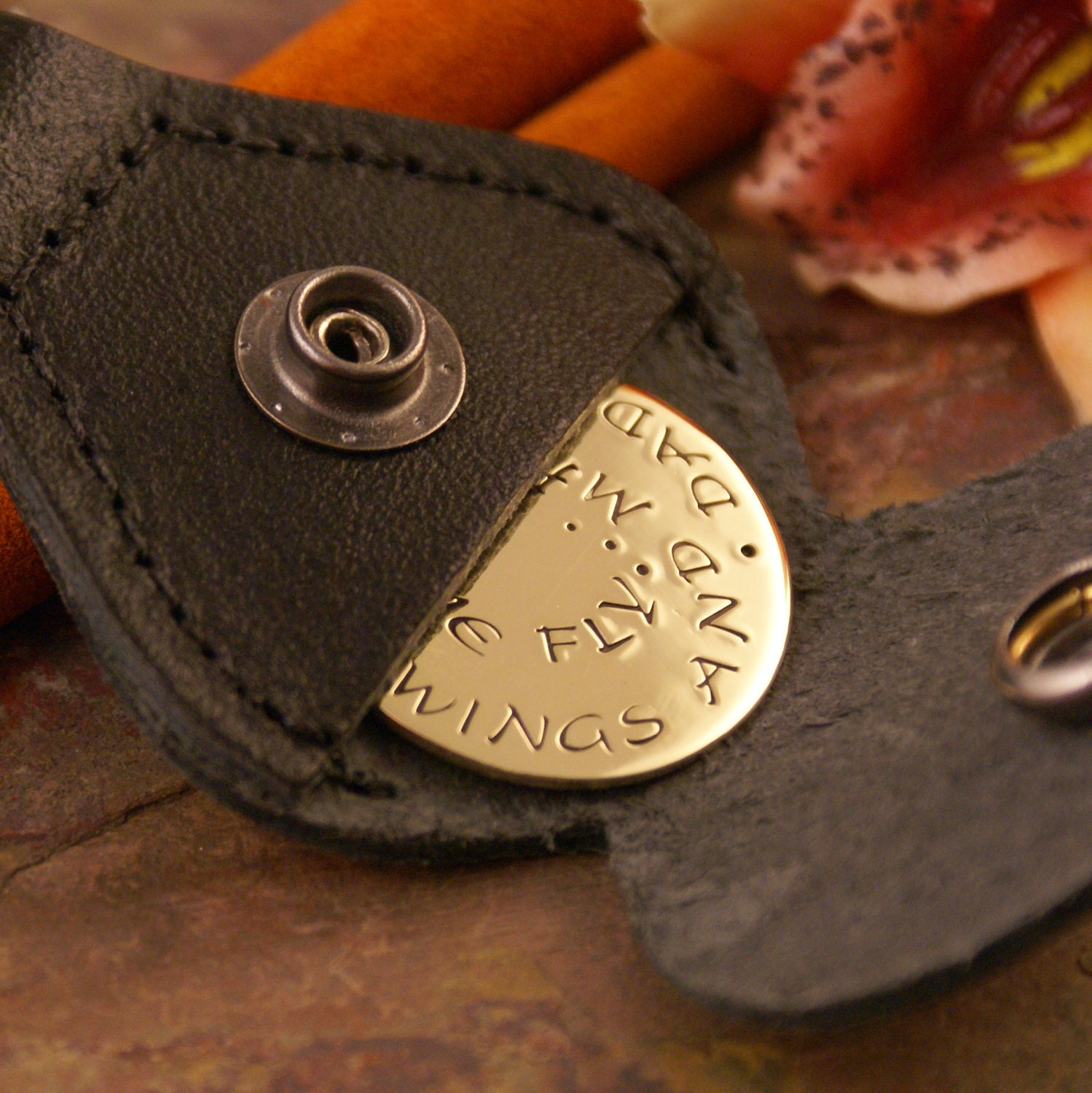 Personalized Keychain round token - Hand Stamped Brass Key Chain Coin with leather case - Dad you gave me wings.... (Father of the Bride)