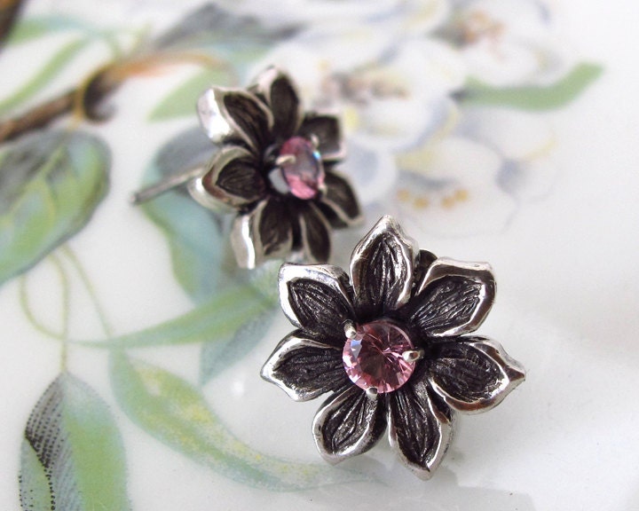 Petite Flower Sterling Silver Earrings Pink Tourmaline