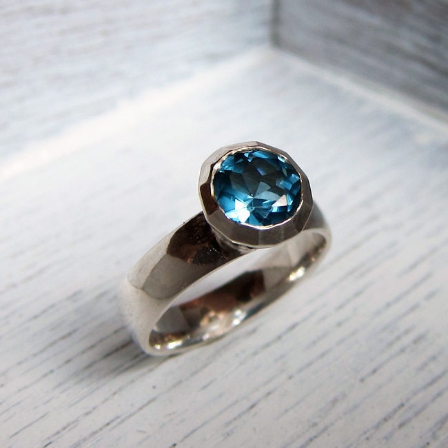 Blue topaz solitaire ring - recycled sterling silver - December birthstone - swiss blue -ready to ship -Bling size 7