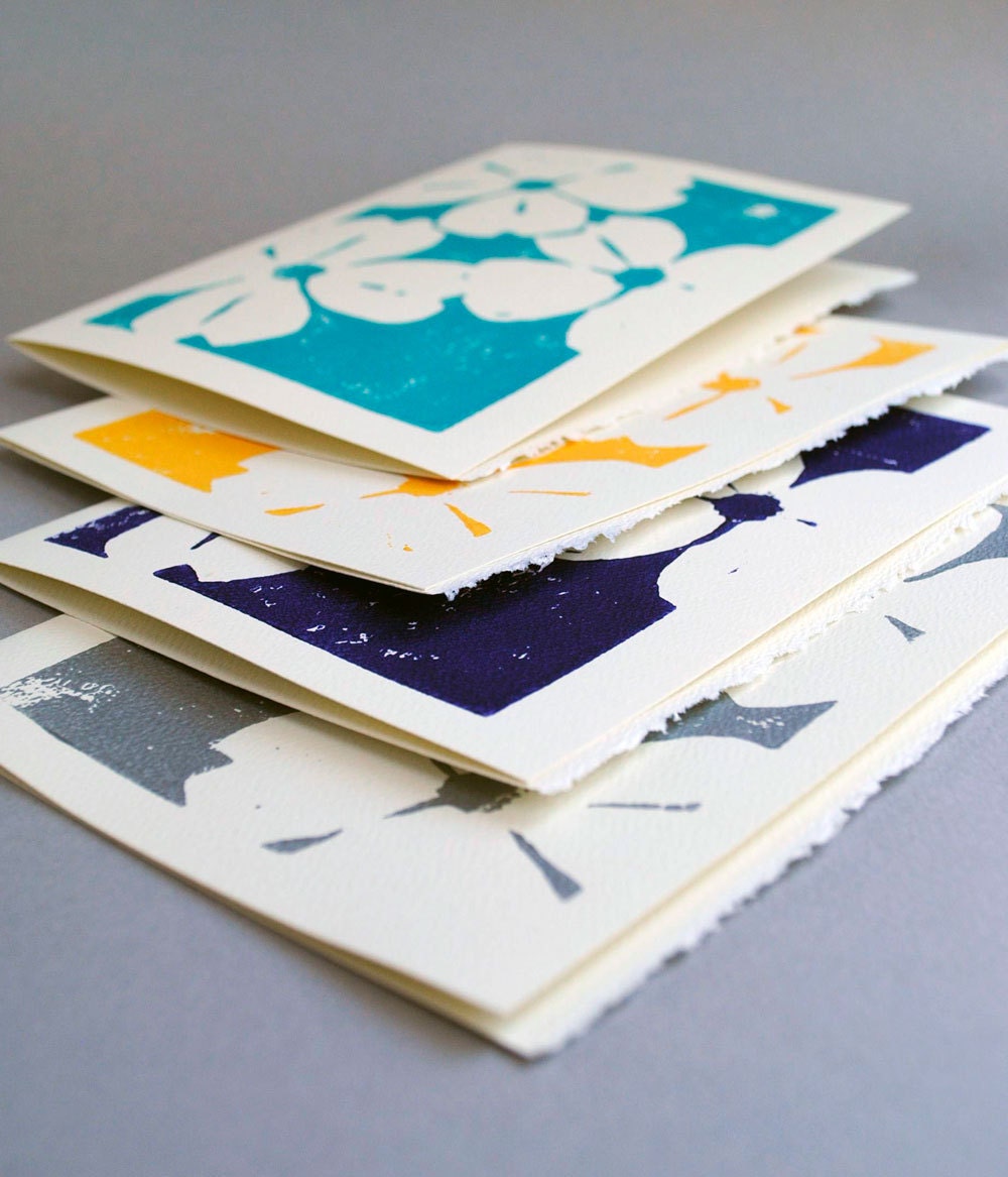 Dogwoods Blank Notecards - Set of Four Linocut Cards - 5 x 7 inches - Choice of Colors
