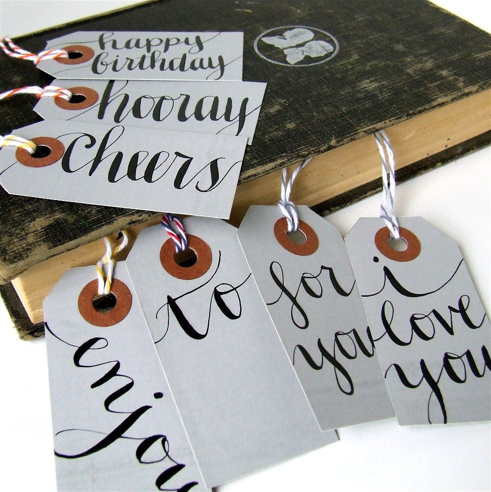 everyday gift tags, 7 small calligraphic grey parcel shipping tags