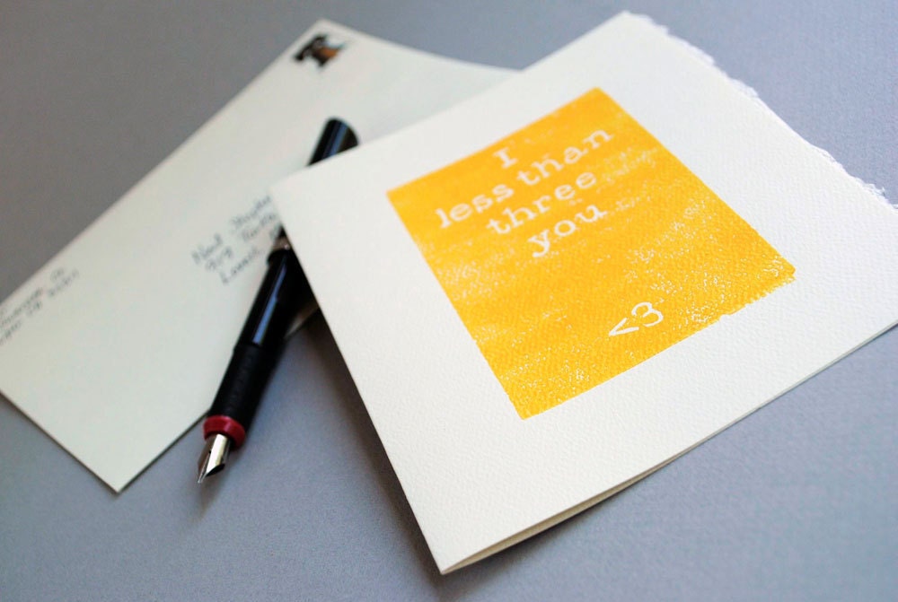 I Less Than Three You Yellow Handprinted Linocut Notecard 5 x 7 inches