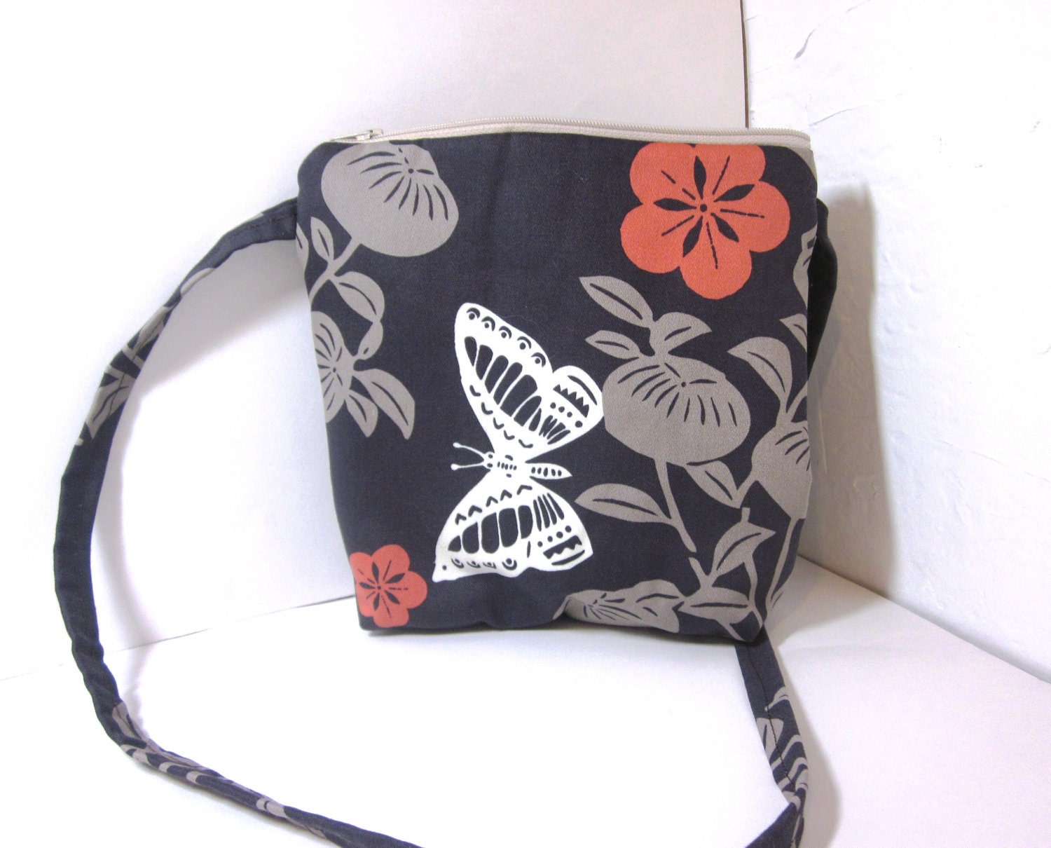 Brown Cotton Purse - Butterflies, Birds  and Flowers