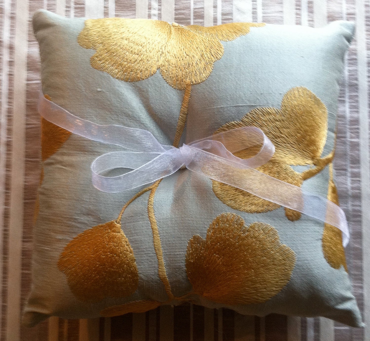 Embroidered Ginkgo Leaves - Ring Bearer Pillow - Sea Blue & Gold - Silk
