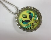 Bottlecap Necklace - Russian Folk Love Birds in Green and Yellow